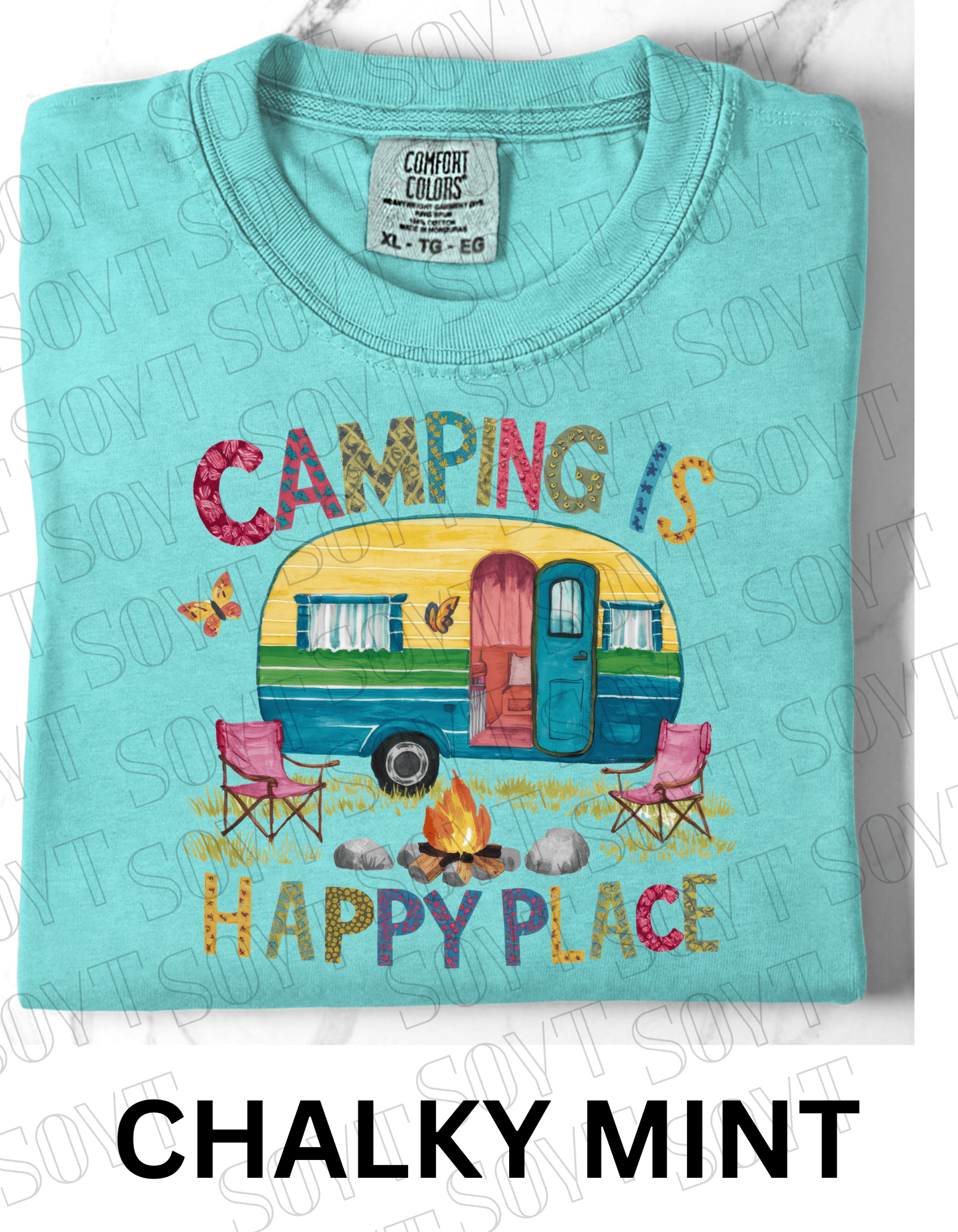 Camping Is My Happy Place T-Shirt – Retro Camper & Campfire Graphic Tee - Festive Apparel StoreChalky Mint