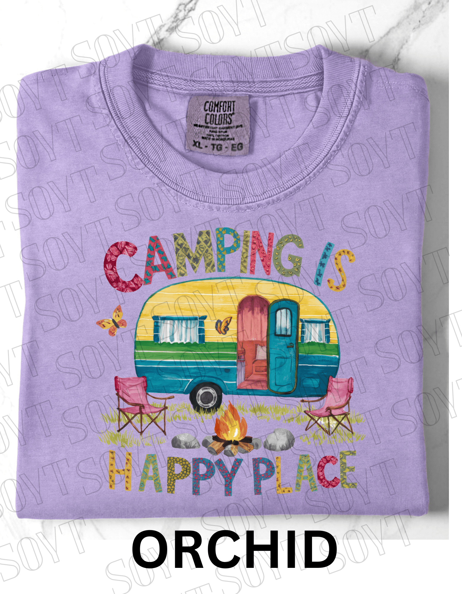 Camping Is My Happy Place T-Shirt – Retro Camper & Campfire Graphic Tee - Festive Apparel StoreOrchid