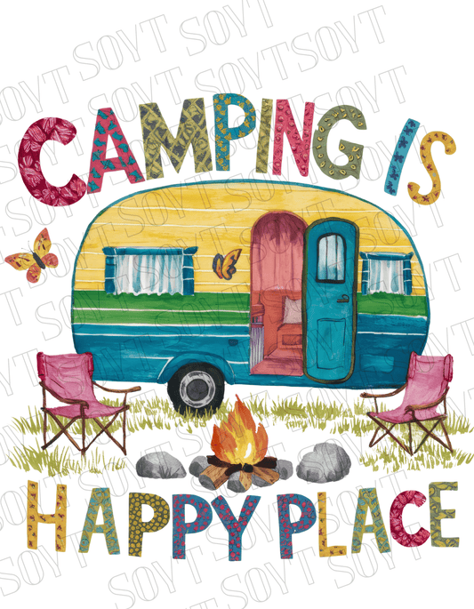 Camping Is My Happy Place T-Shirt – Retro Camper & Campfire Graphic Tee - Festive Apparel StoreBlack