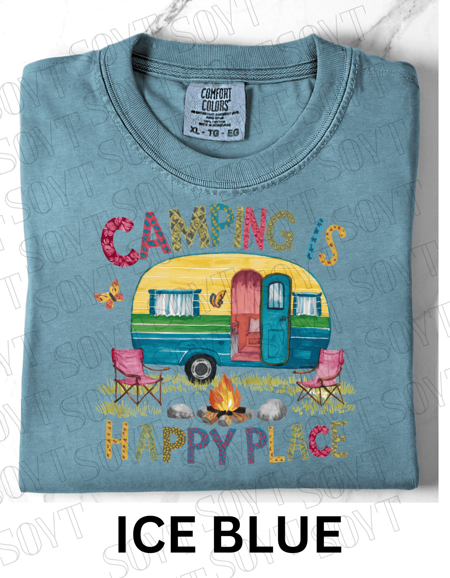 Camping Is My Happy Place T-Shirt – Retro Camper & Campfire Graphic Tee - Festive Apparel StoreIce Blue