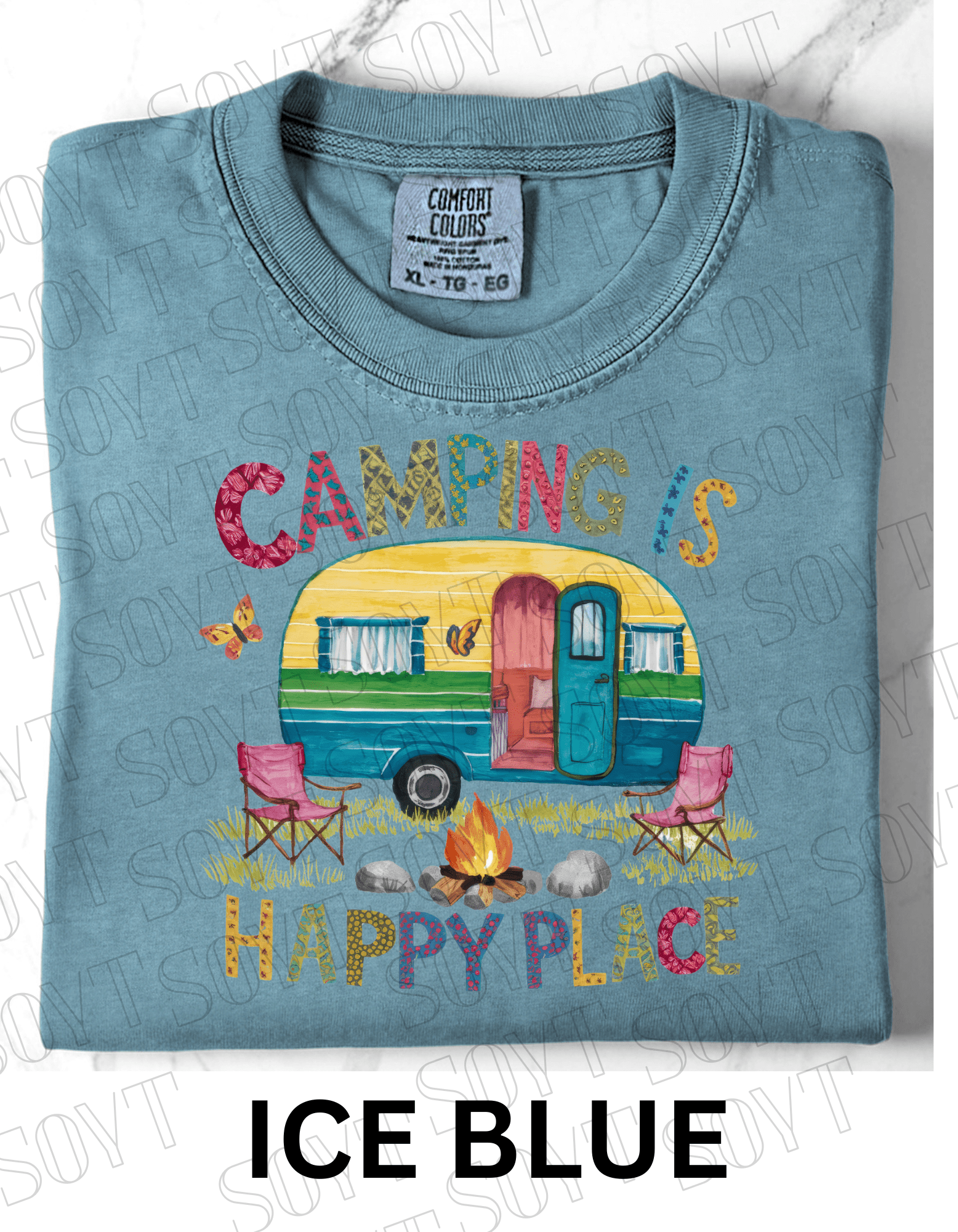 Camping Is My Happy Place T-Shirt – Retro Camper & Campfire Graphic Tee - Festive Apparel StoreIce Blue