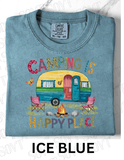 Camping Is My Happy Place T-Shirt – Retro Camper & Campfire Graphic Tee - Festive Apparel StoreIce Blue