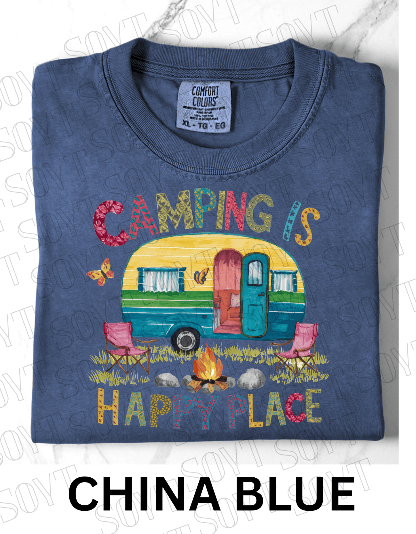 Camping Is My Happy Place T-Shirt – Retro Camper & Campfire Graphic Tee - Festive Apparel StoreChina Blue