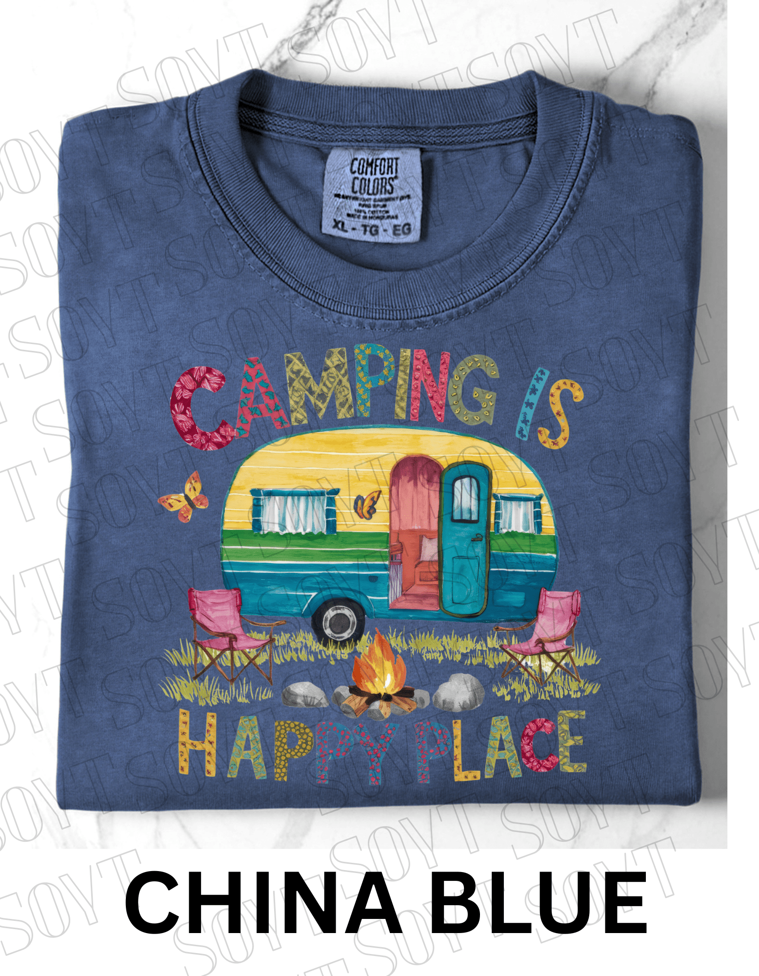 Camping Is My Happy Place T-Shirt – Retro Camper & Campfire Graphic Tee - Festive Apparel StoreChina Blue