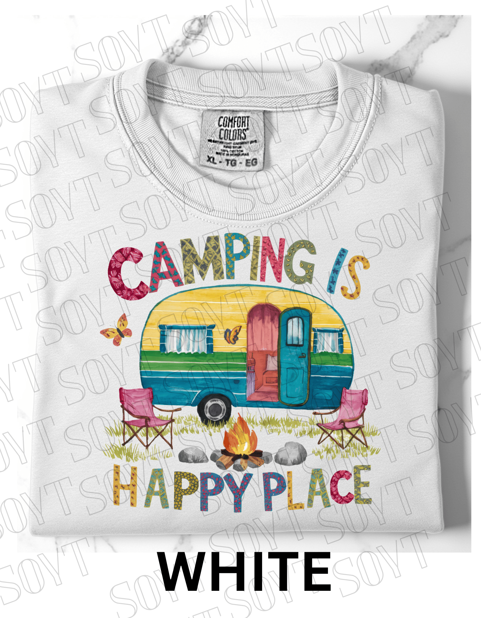 Camping Is My Happy Place T-Shirt – Retro Camper & Campfire Graphic Tee - Festive Apparel StoreWhite