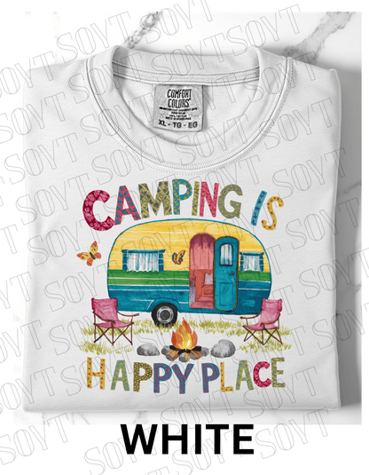 Camping Is My Happy Place T-Shirt – Retro Camper & Campfire Graphic Tee - Festive Apparel StoreWhite
