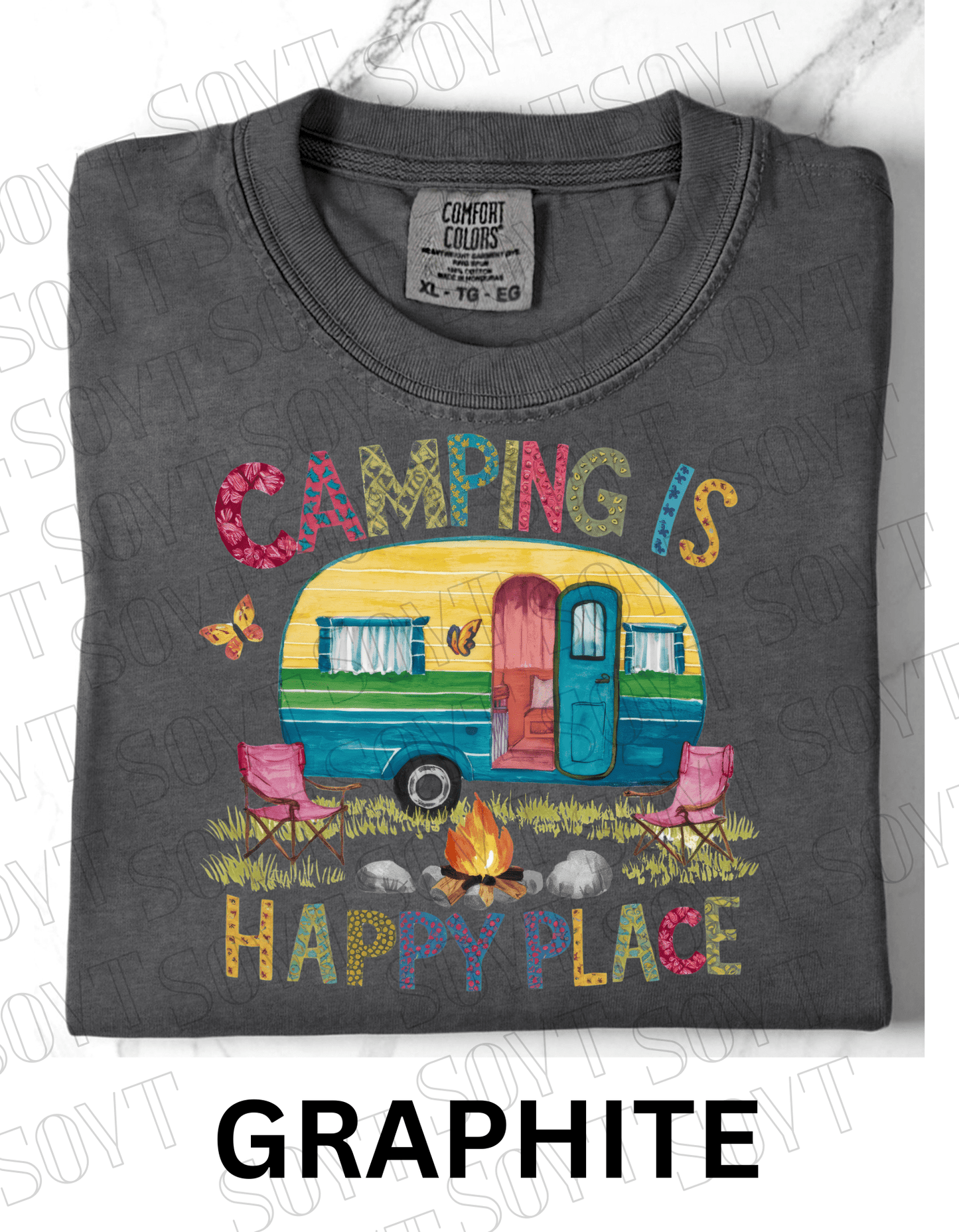 Camping Is My Happy Place T-Shirt – Retro Camper & Campfire Graphic Tee - Festive Apparel StoreGraphite