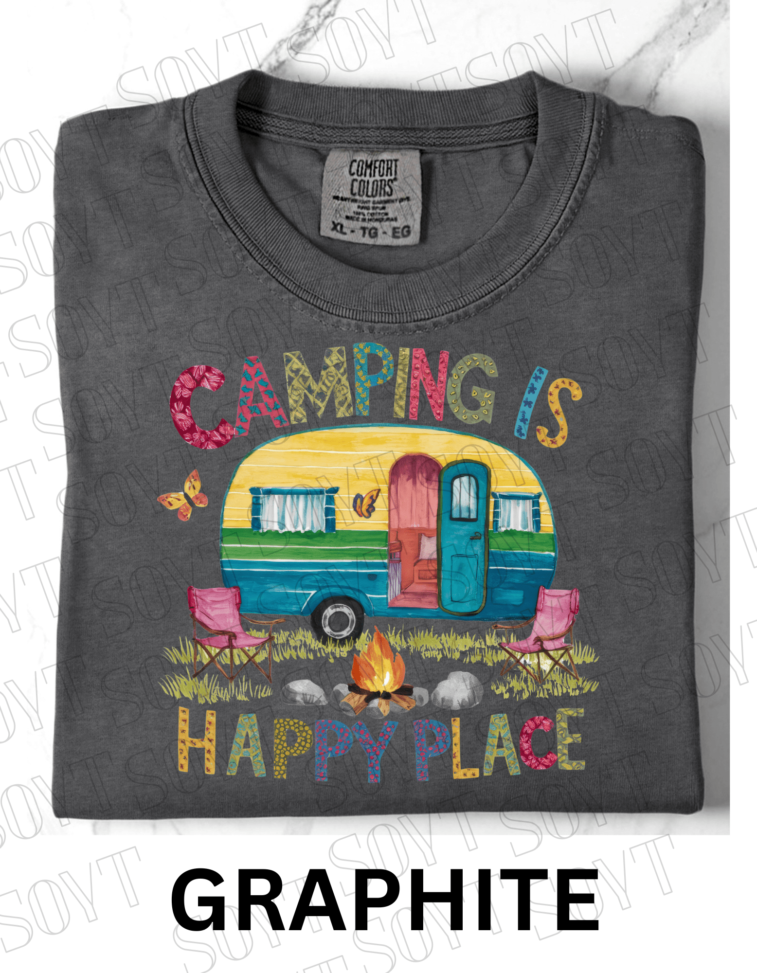 Camping Is My Happy Place T-Shirt – Retro Camper & Campfire Graphic Tee - Festive Apparel StoreGraphite
