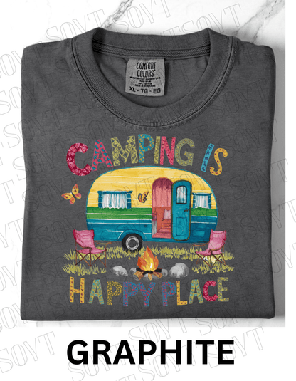Camping Is My Happy Place T-Shirt – Retro Camper & Campfire Graphic Tee - Festive Apparel StoreGraphite