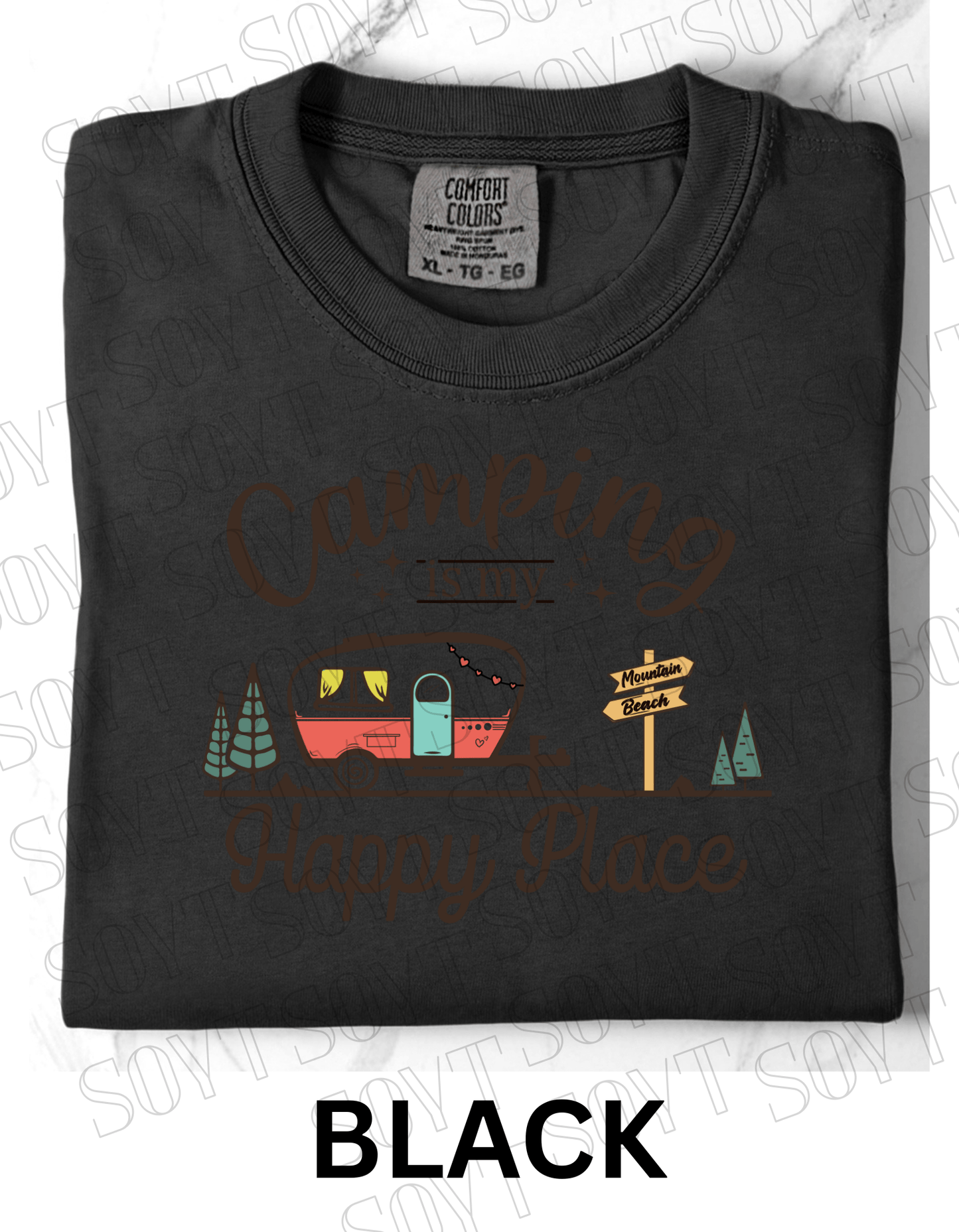 Camping Is My Happy Place T-Shirt – Retro Camper Van Graphic Tee - Festive Apparel StoreBlack
