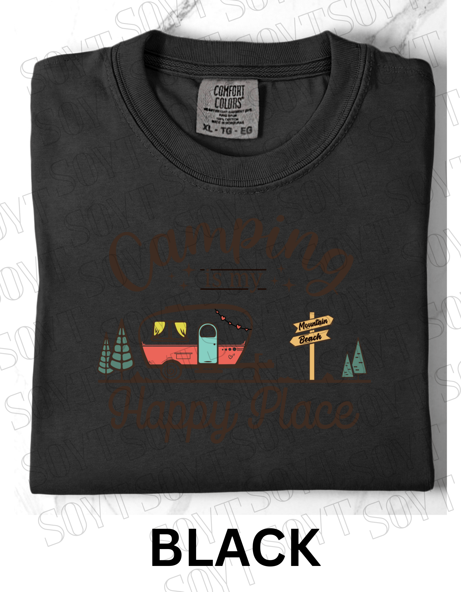Camping Is My Happy Place T-Shirt – Retro Camper Van Graphic Tee - Festive Apparel StoreBlack