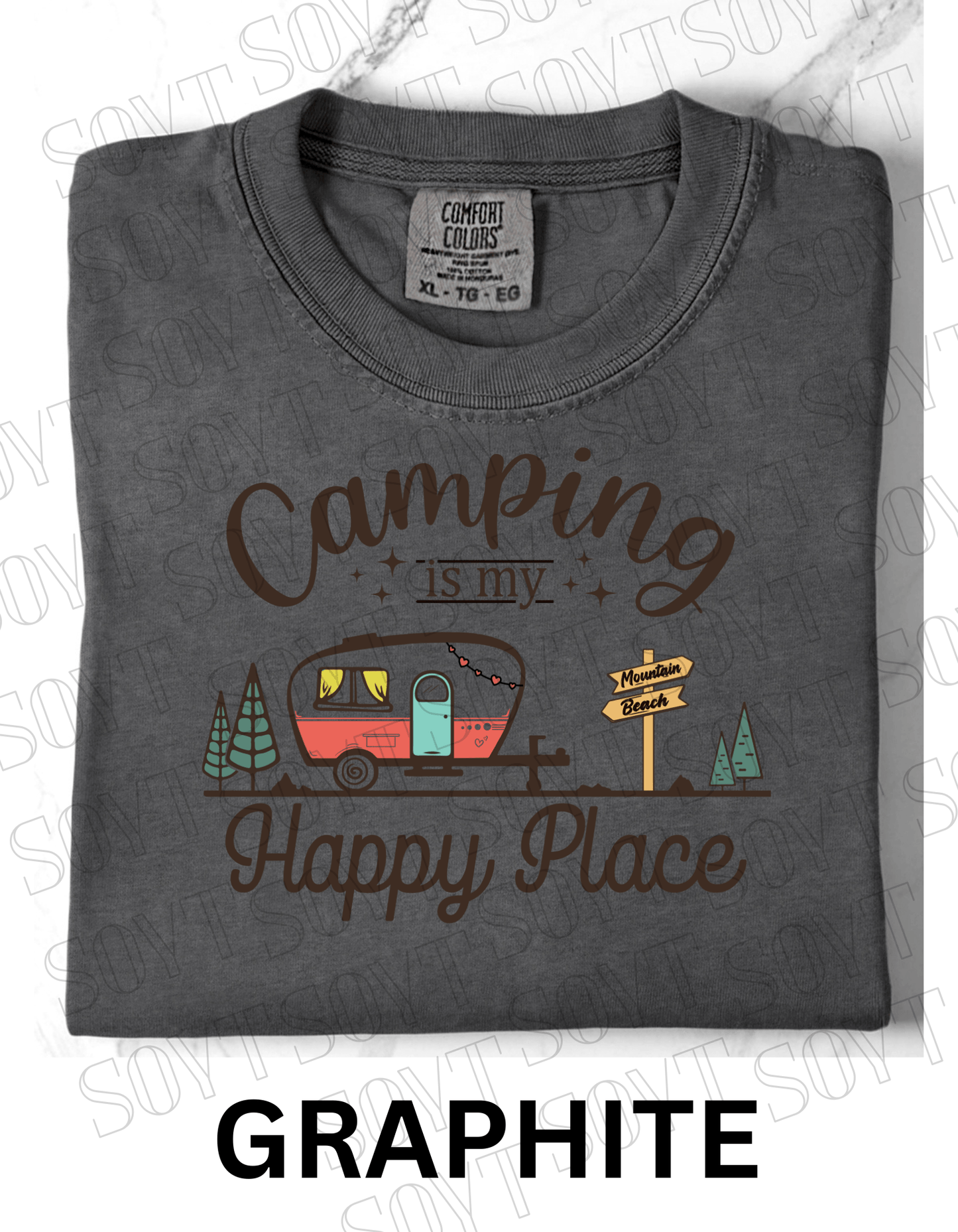 Camping Is My Happy Place T-Shirt – Retro Camper Van Graphic Tee - Festive Apparel StoreGraphite