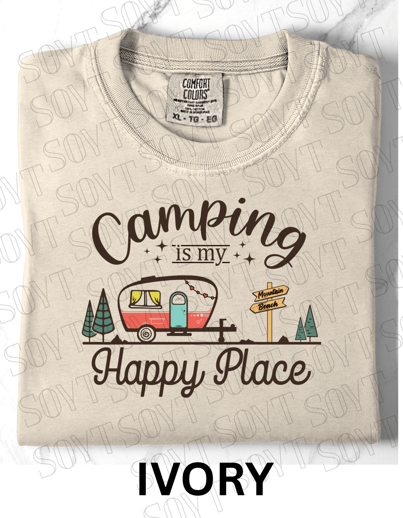 Camping Is My Happy Place T-Shirt – Retro Camper Van Graphic Tee - Festive Apparel StoreIvory