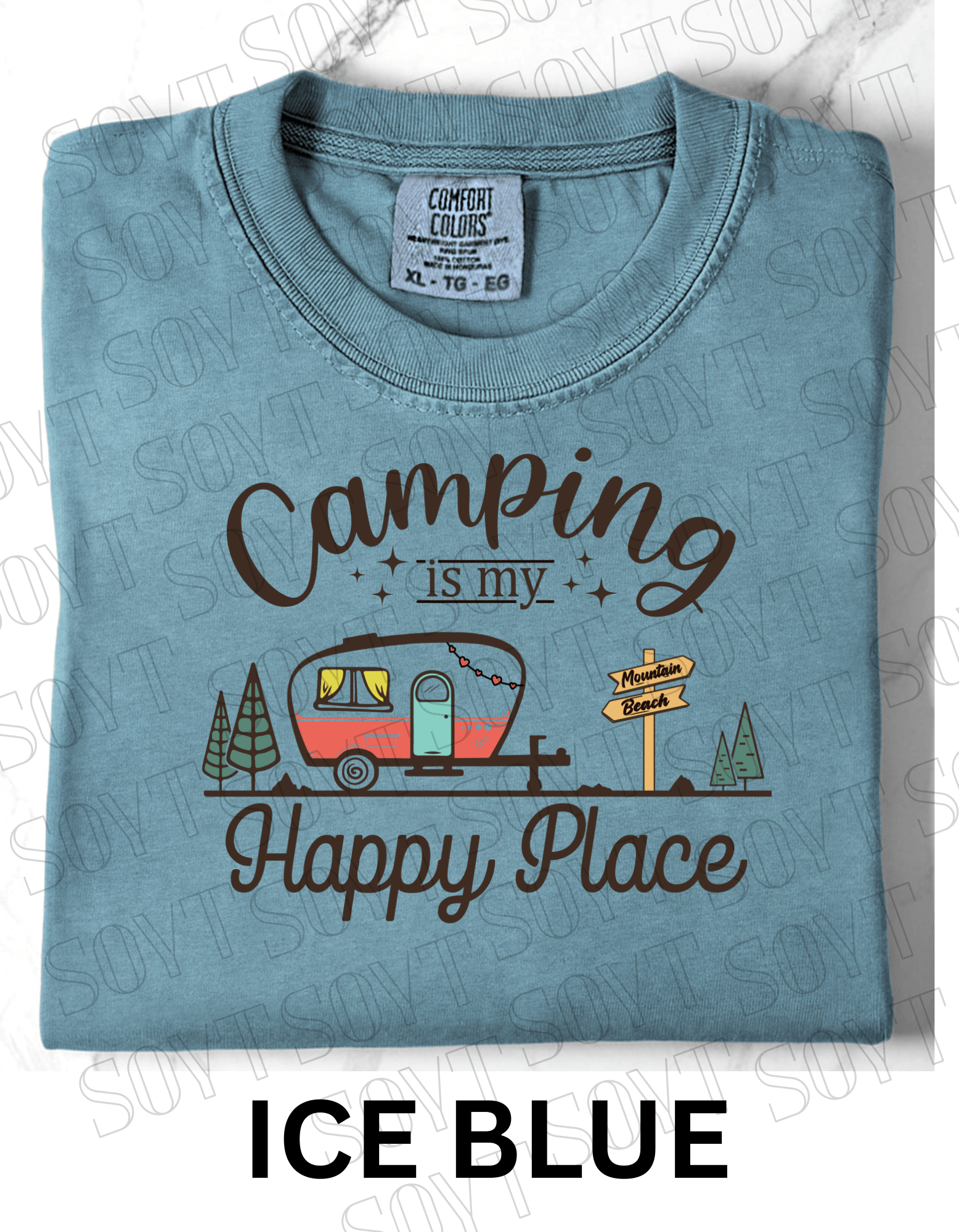 Camping Is My Happy Place T-Shirt – Retro Camper Van Graphic Tee - Festive Apparel StoreIce Blue