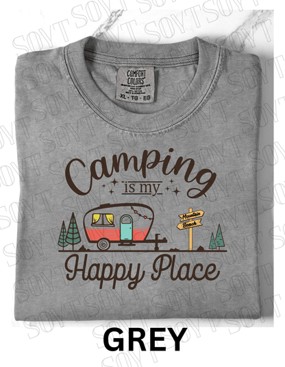 Camping Is My Happy Place T-Shirt – Retro Camper Van Graphic Tee - Festive Apparel StoreGrey