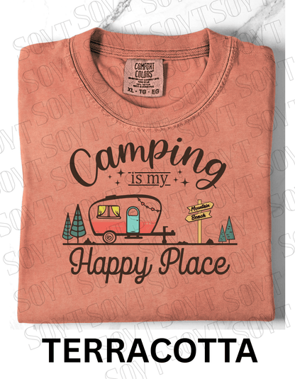 Camping Is My Happy Place T-Shirt – Retro Camper Van Graphic Tee - Festive Apparel StoreTerracotta