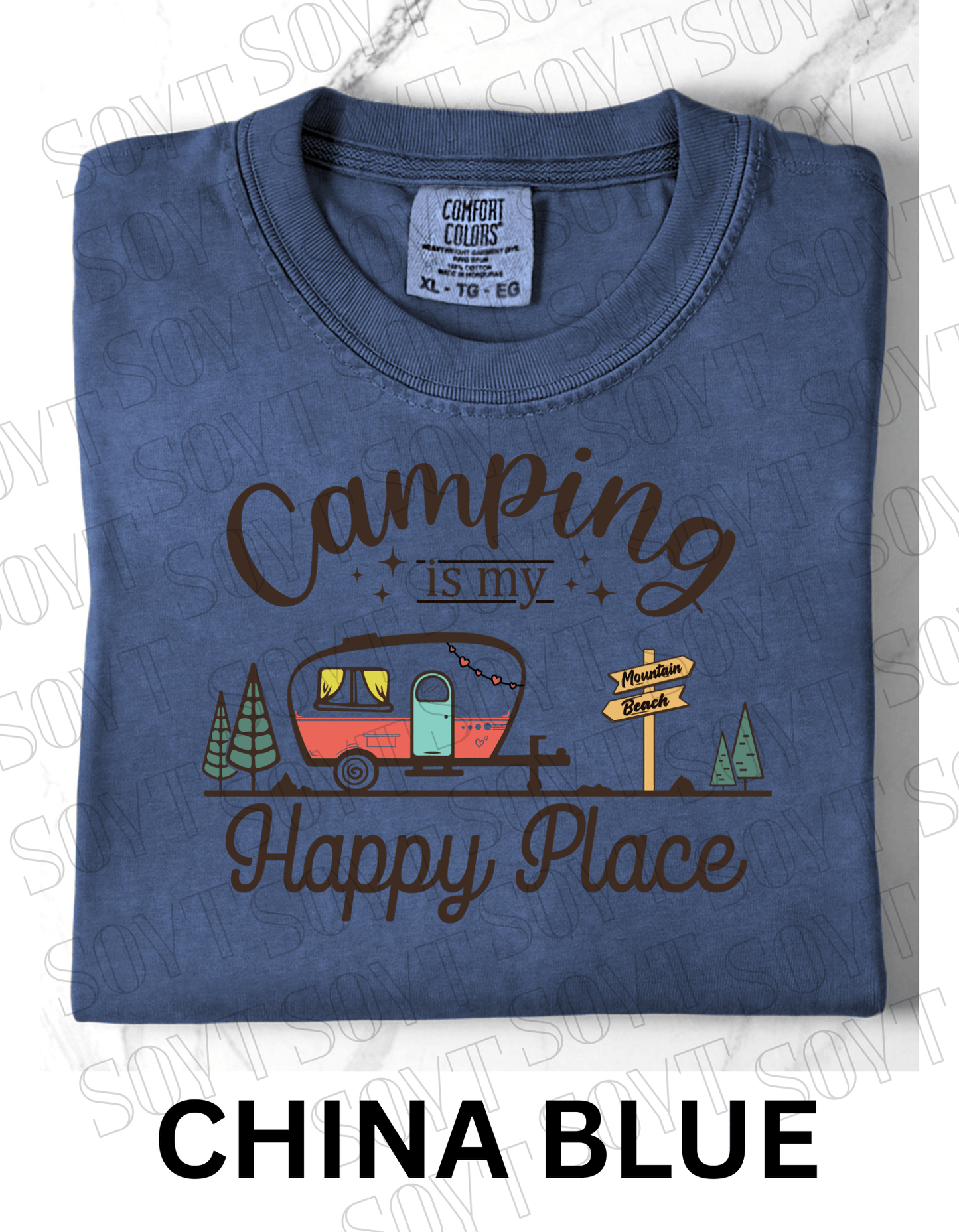 Camping Is My Happy Place T-Shirt – Retro Camper Van Graphic Tee - Festive Apparel StoreChina Blue