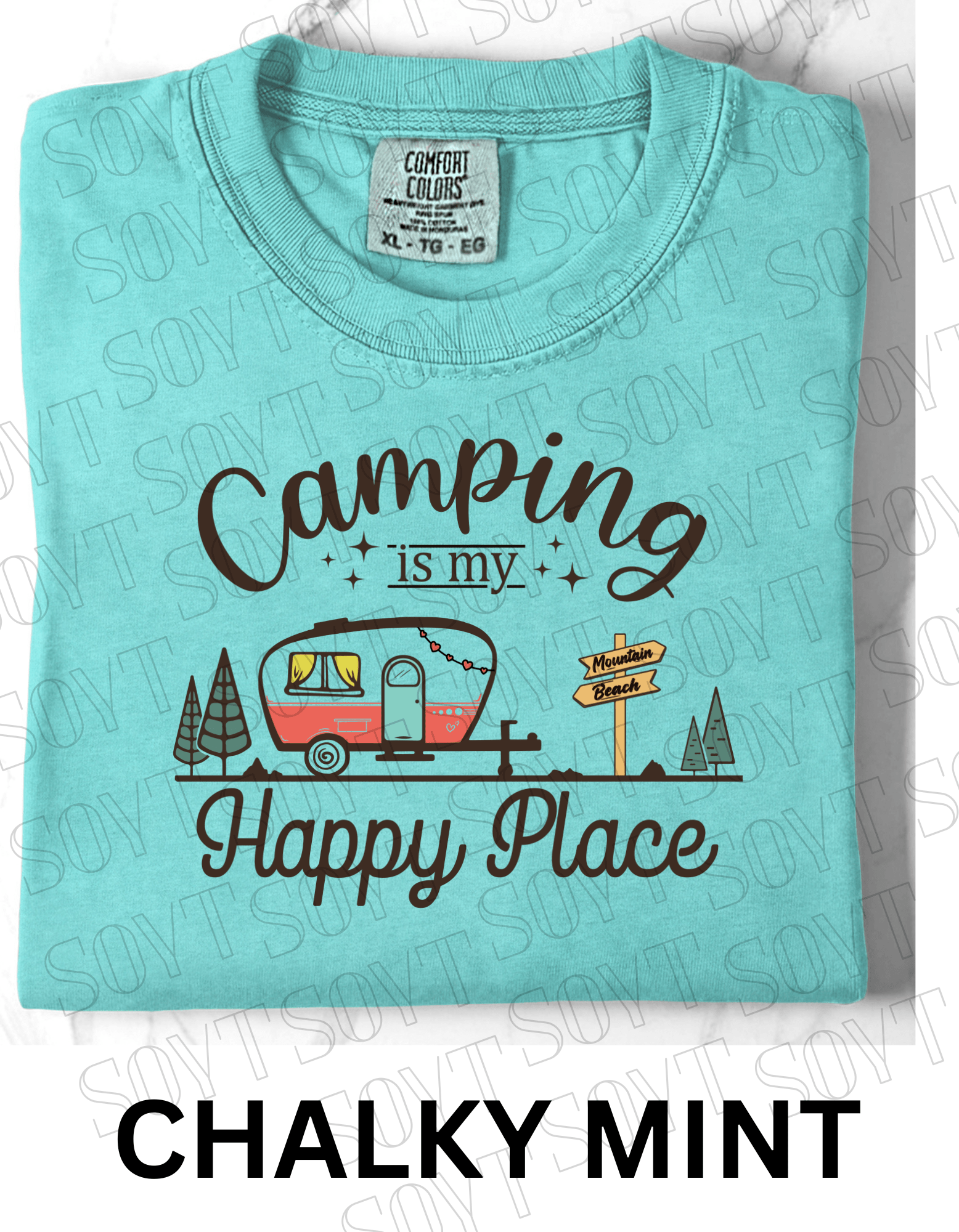 Camping Is My Happy Place T-Shirt – Retro Camper Van Graphic Tee - Festive Apparel StoreChalky Mint