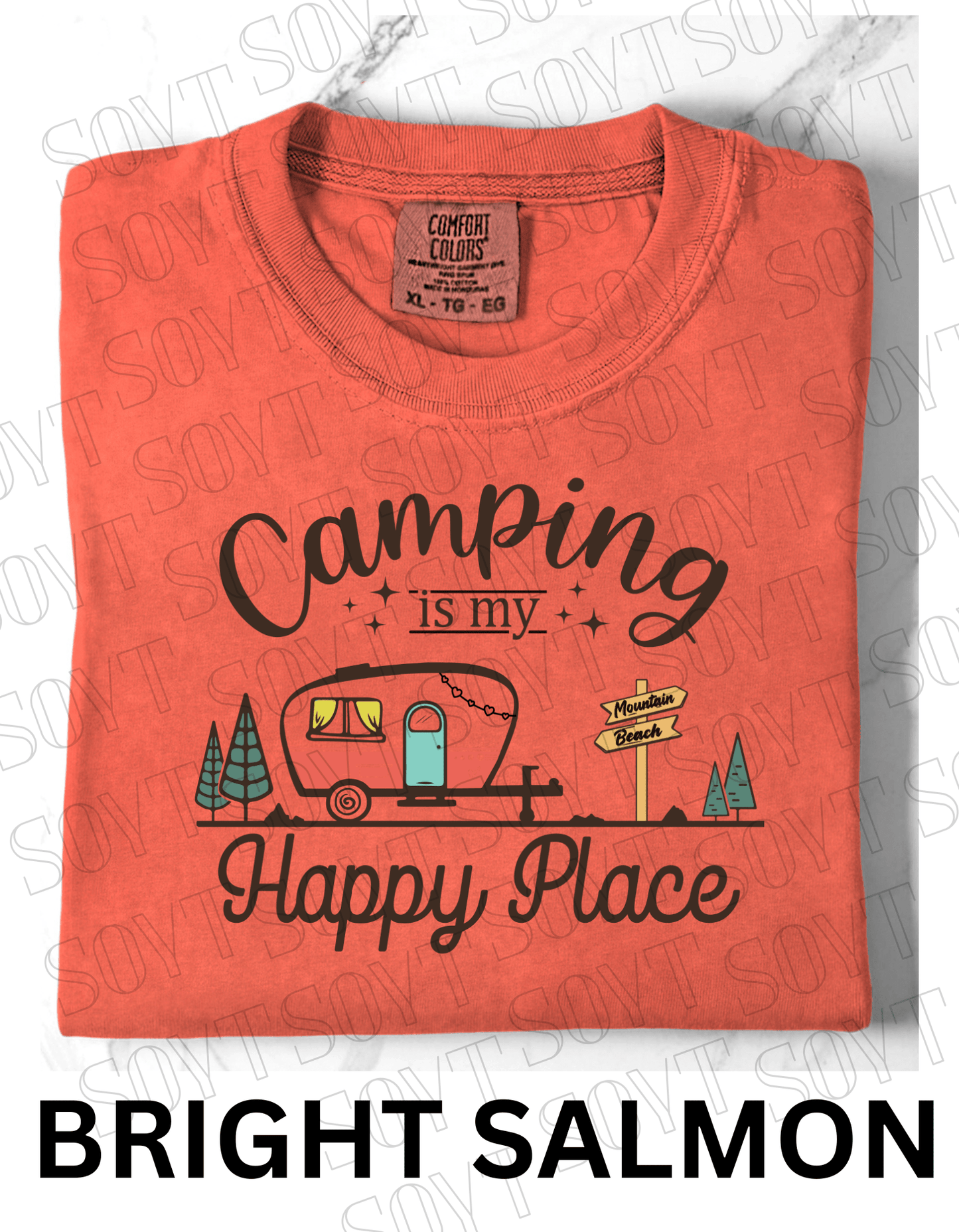 Camping Is My Happy Place T-Shirt – Retro Camper Van Graphic Tee - Festive Apparel StoreBright Salmon