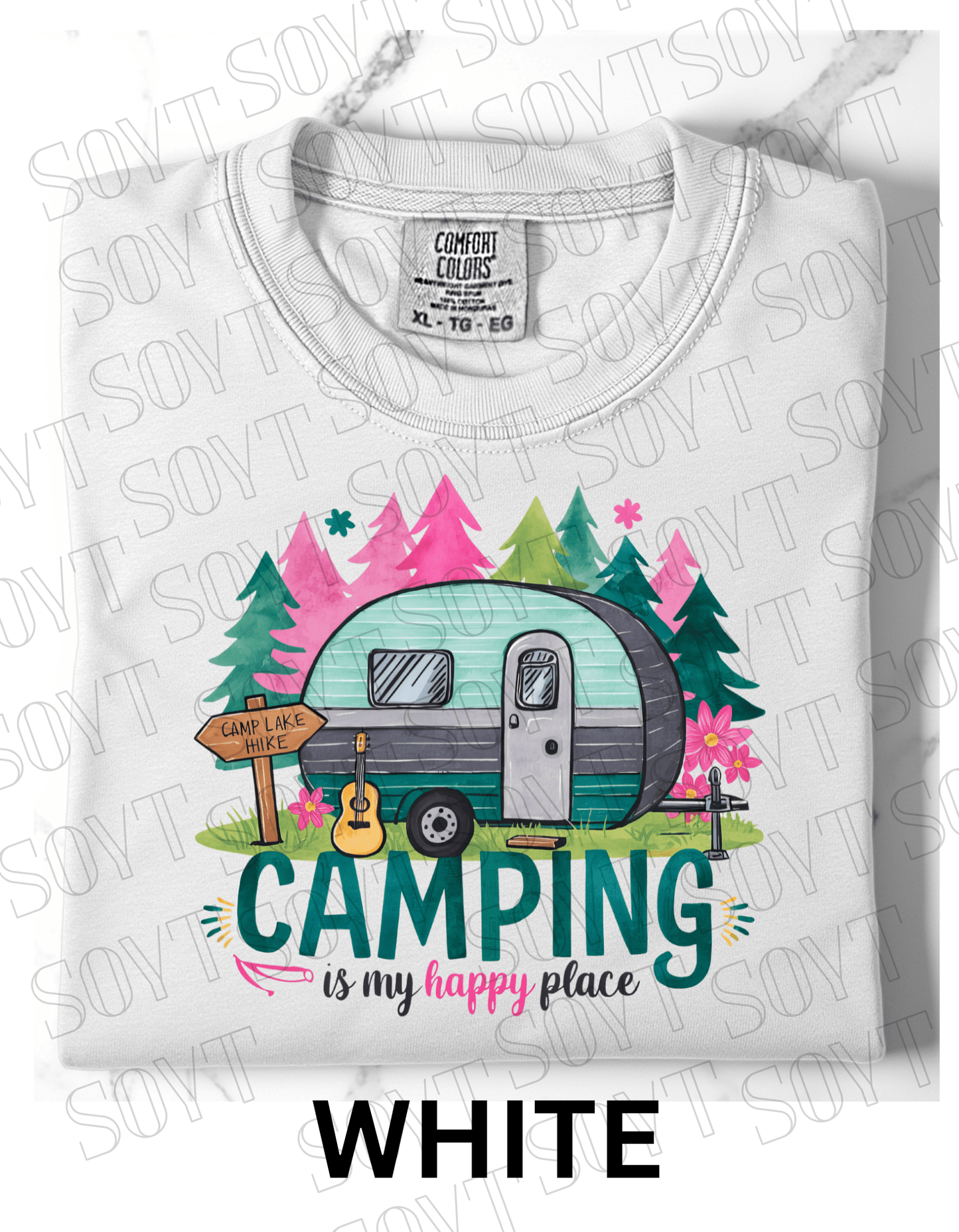 Camping Is My Happy Place T-Shirt – Vintage Camper & Guitar Forest Graphic Tee - Festive Apparel StoreWhite
