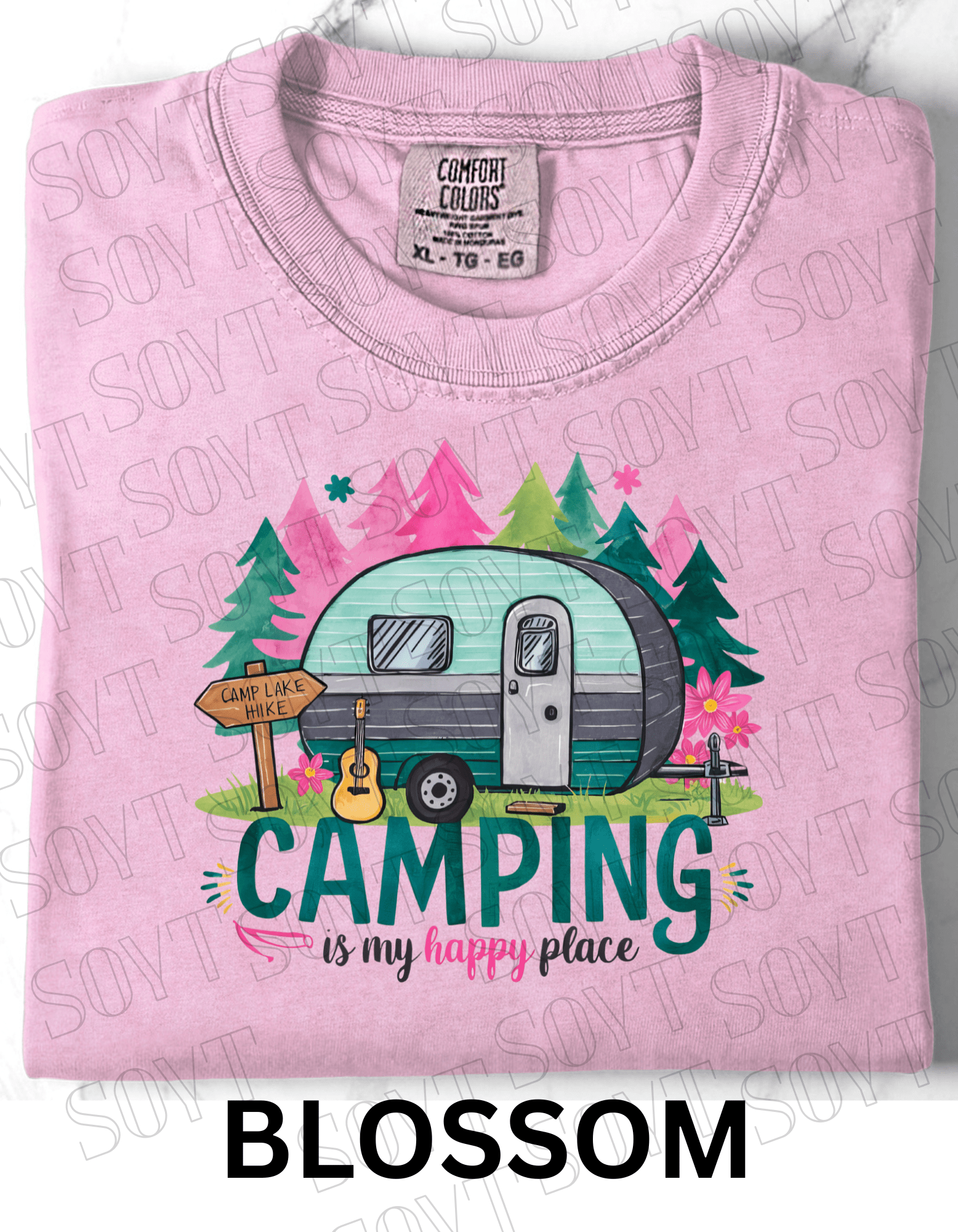 Camping Is My Happy Place T-Shirt – Vintage Camper & Guitar Forest Graphic Tee - Festive Apparel StoreBlossom