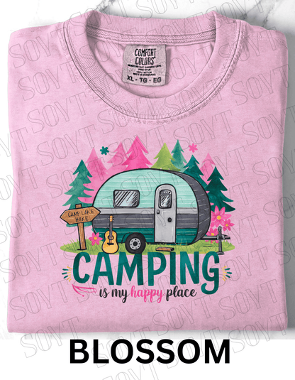 Camping Is My Happy Place T-Shirt – Vintage Camper & Guitar Forest Graphic Tee - Festive Apparel StoreBlossom