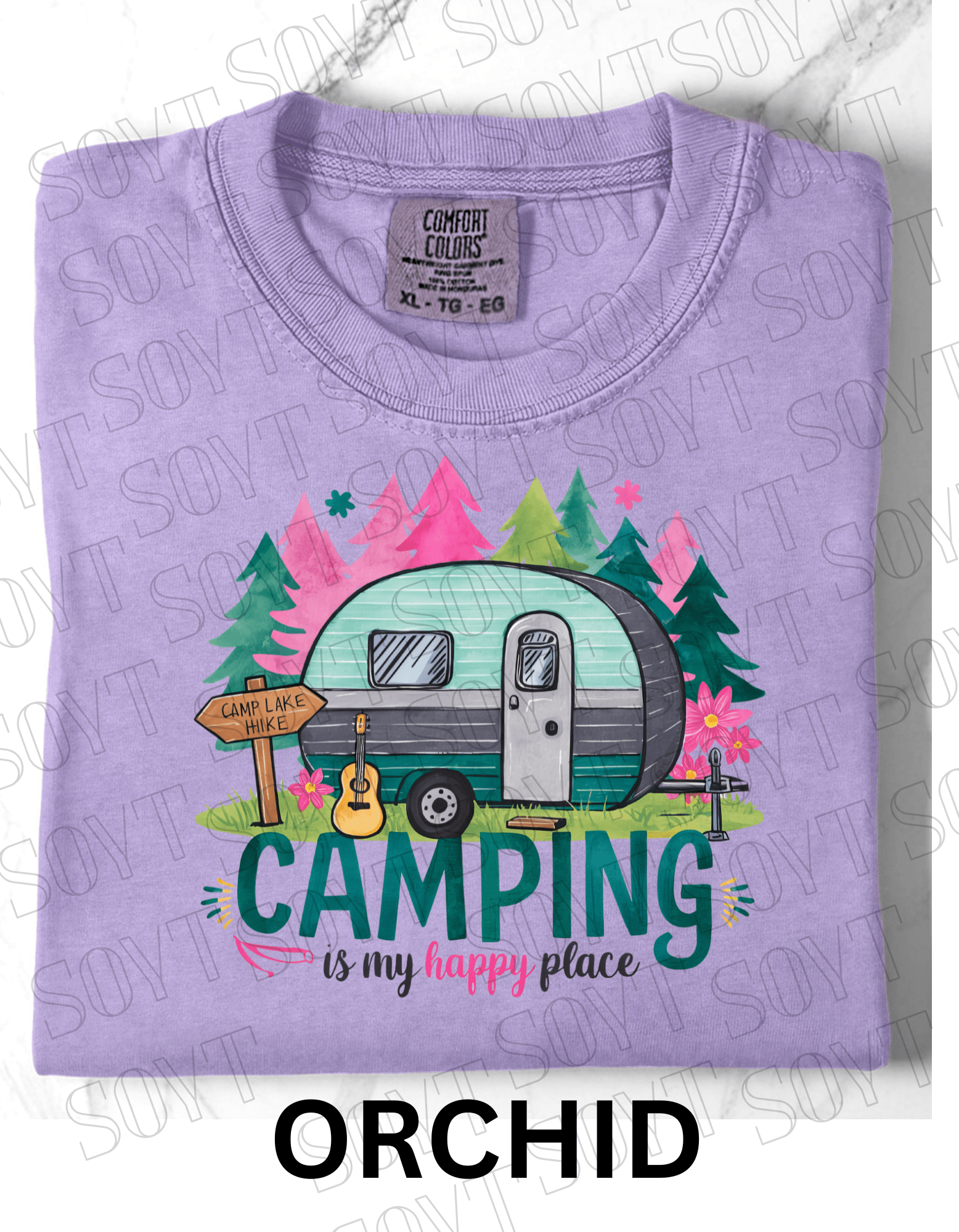 Camping Is My Happy Place T-Shirt – Vintage Camper & Guitar Forest Graphic Tee - Festive Apparel StoreOrchid