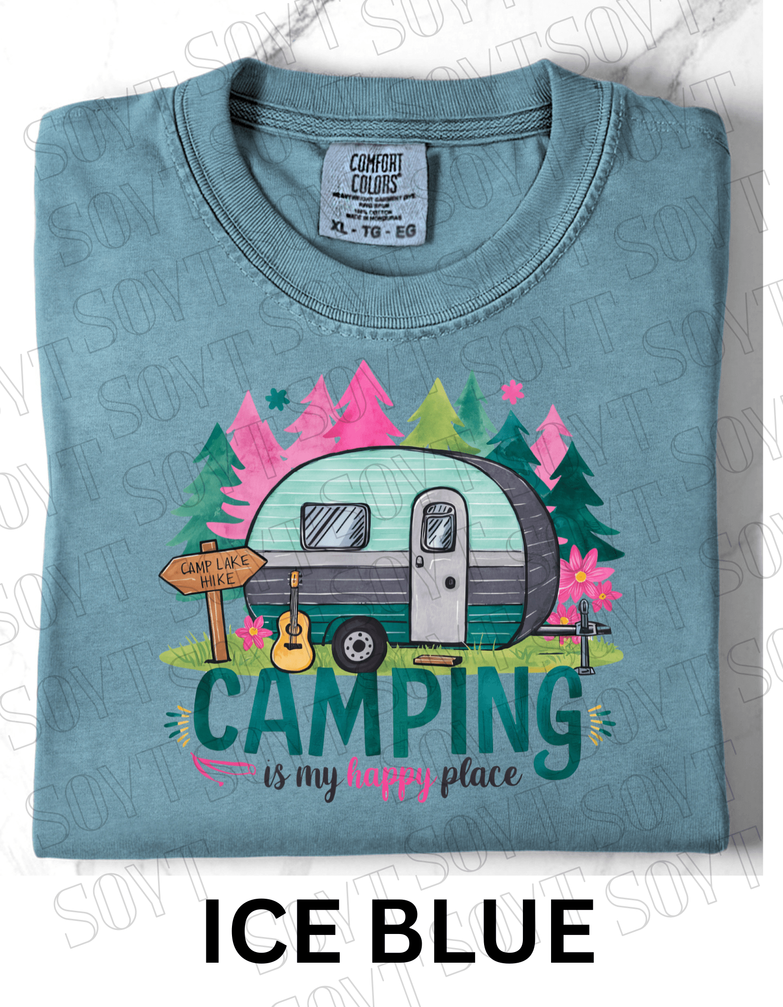 Camping Is My Happy Place T-Shirt – Vintage Camper & Guitar Forest Graphic Tee - Festive Apparel StoreIce Blue