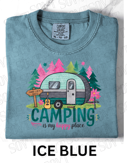 Camping Is My Happy Place T-Shirt – Vintage Camper & Guitar Forest Graphic Tee - Festive Apparel StoreIce Blue
