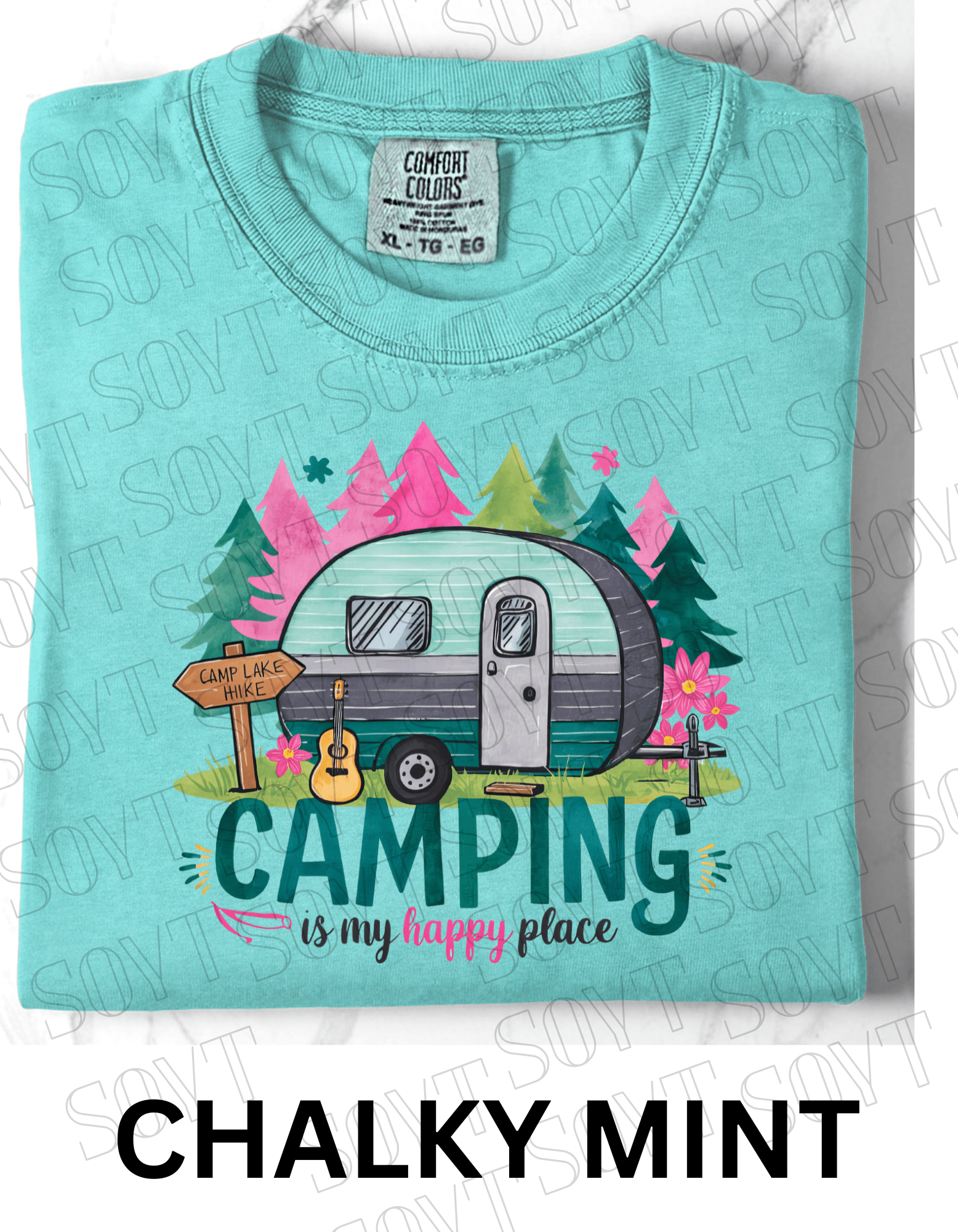 Camping Is My Happy Place T-Shirt – Vintage Camper & Guitar Forest Graphic Tee - Festive Apparel StoreChalky Mint