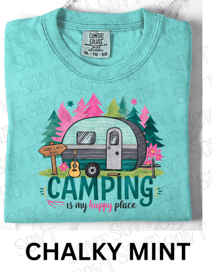 Camping Is My Happy Place T-Shirt – Vintage Camper & Guitar Forest Graphic Tee - Festive Apparel StoreChalky Mint