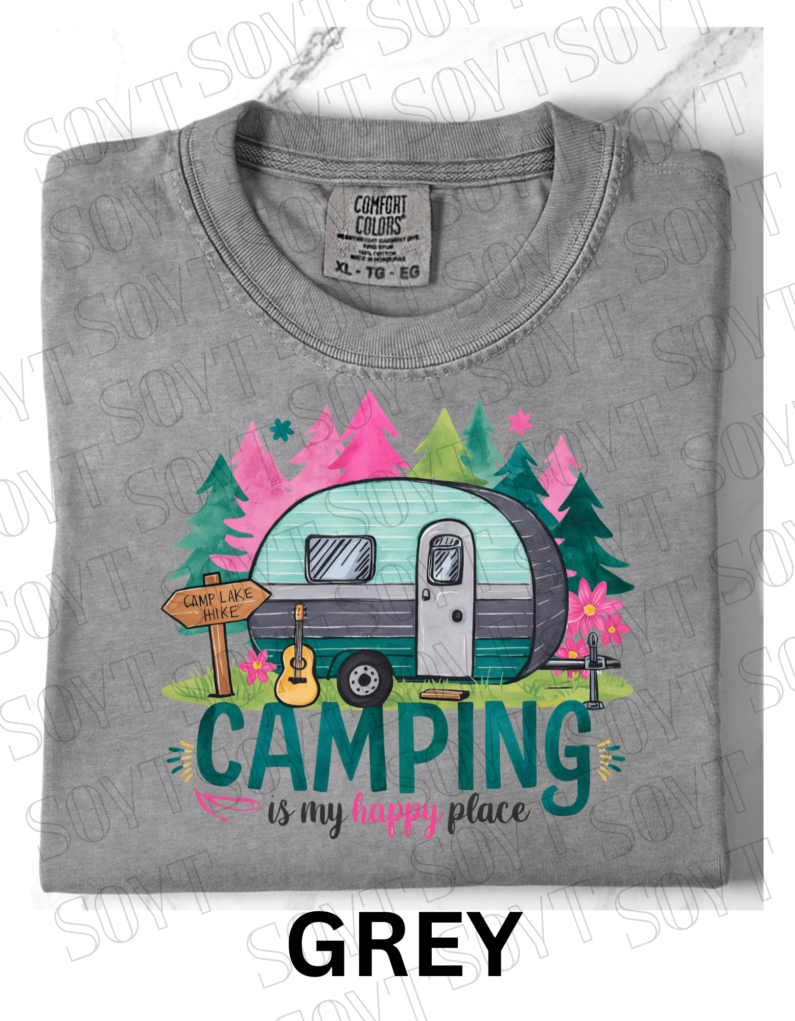 Camping Is My Happy Place T-Shirt – Vintage Camper & Guitar Forest Graphic Tee - Festive Apparel StoreGrey