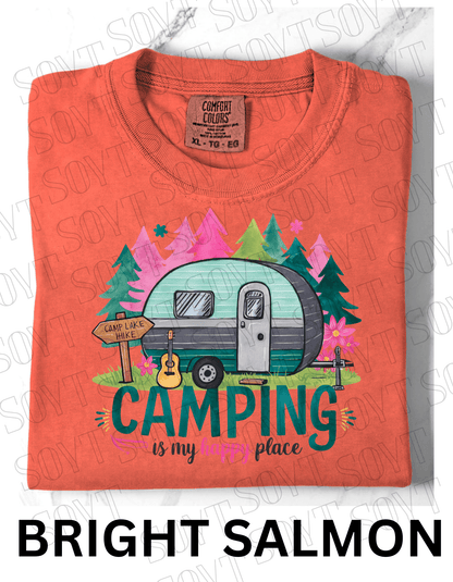 Camping Is My Happy Place T-Shirt – Vintage Camper & Guitar Forest Graphic Tee - Festive Apparel StoreBright Salmon