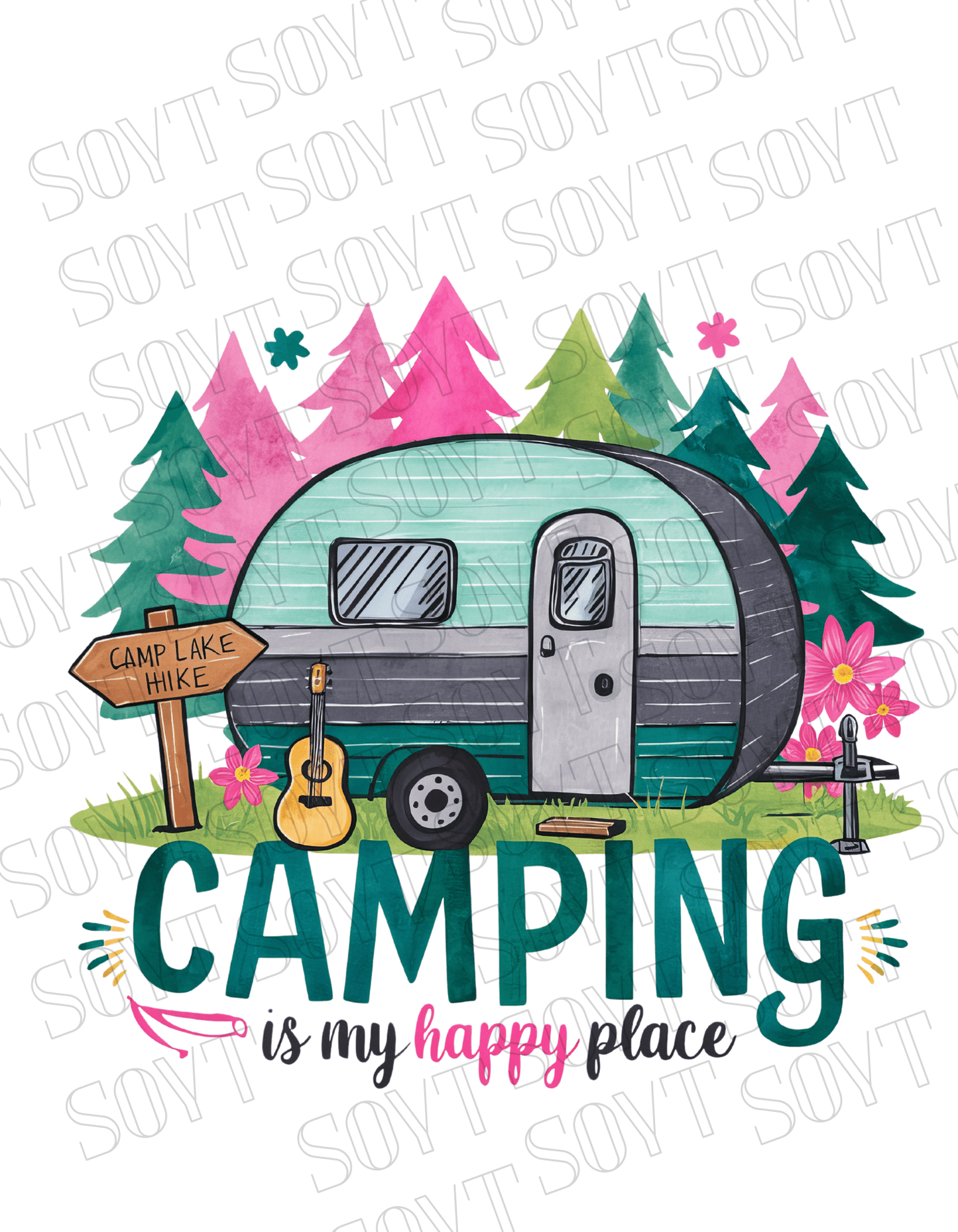 Camping Is My Happy Place T-Shirt – Vintage Camper & Guitar Forest Graphic Tee - Festive Apparel StoreBlack