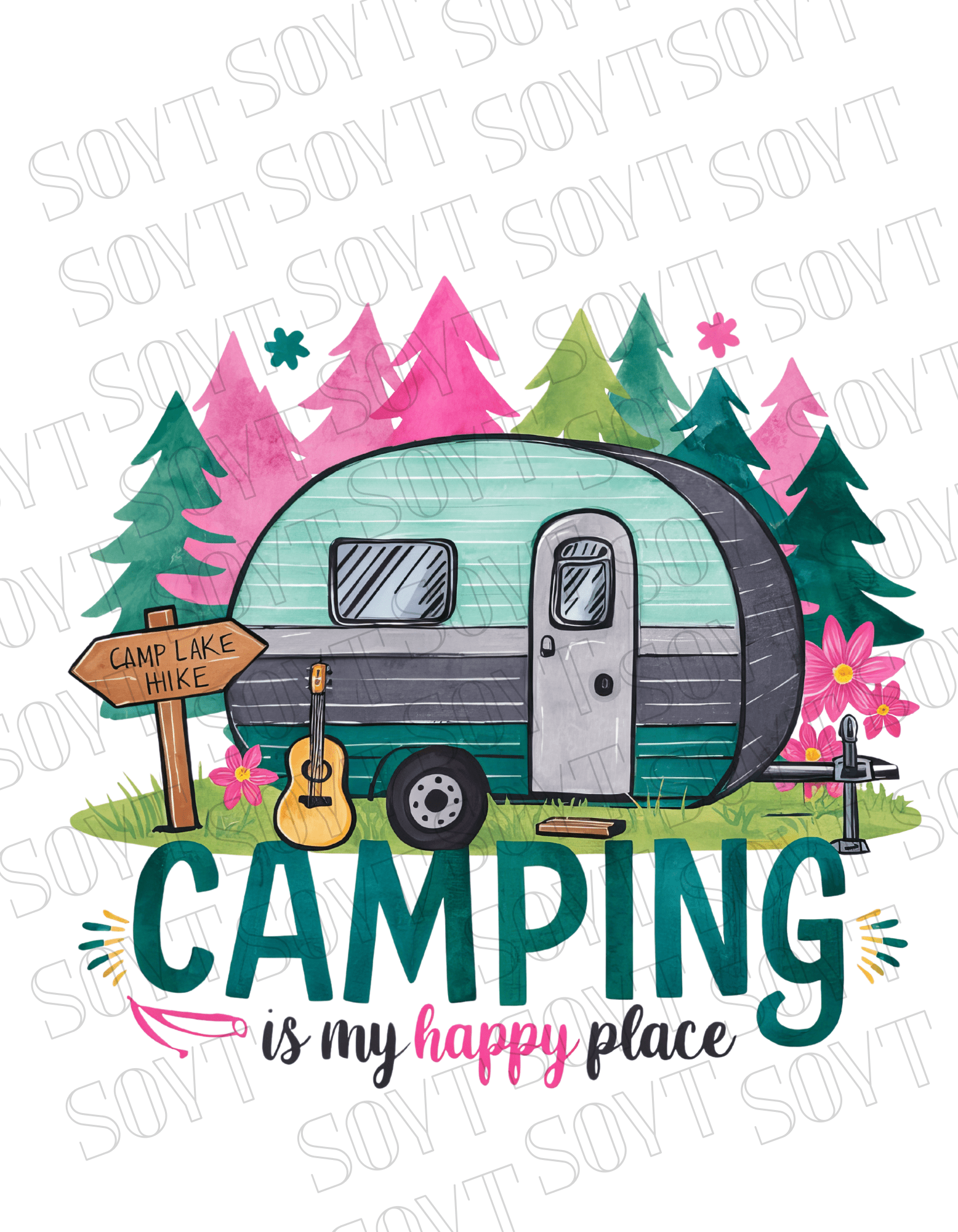 Camping Is My Happy Place T-Shirt – Vintage Camper & Guitar Forest Graphic Tee - Festive Apparel StoreBlack