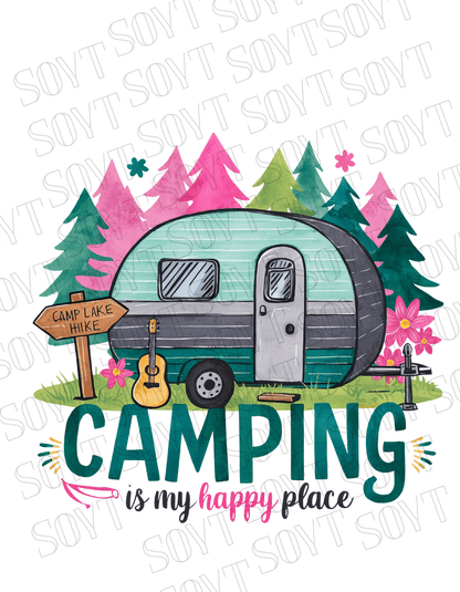 Camping Is My Happy Place T-Shirt – Vintage Camper & Guitar Forest Graphic Tee - Festive Apparel StoreBlack