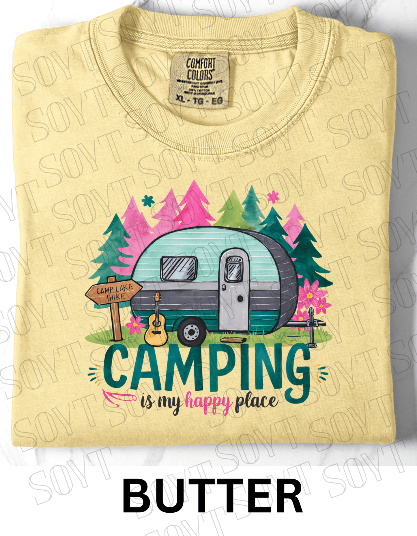 Camping Is My Happy Place T-Shirt – Vintage Camper & Guitar Forest Graphic Tee - Festive Apparel StoreButter