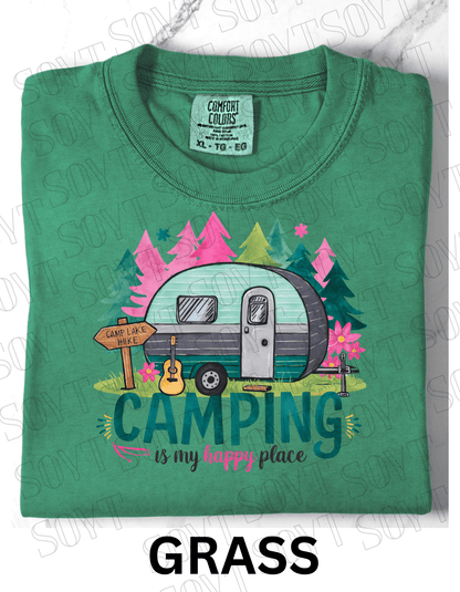 Camping Is My Happy Place T-Shirt – Vintage Camper & Guitar Forest Graphic Tee - Festive Apparel StoreGrass