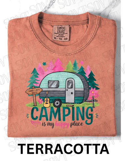 Camping Is My Happy Place T-Shirt – Vintage Camper & Guitar Forest Graphic Tee - Festive Apparel StoreTerracotta