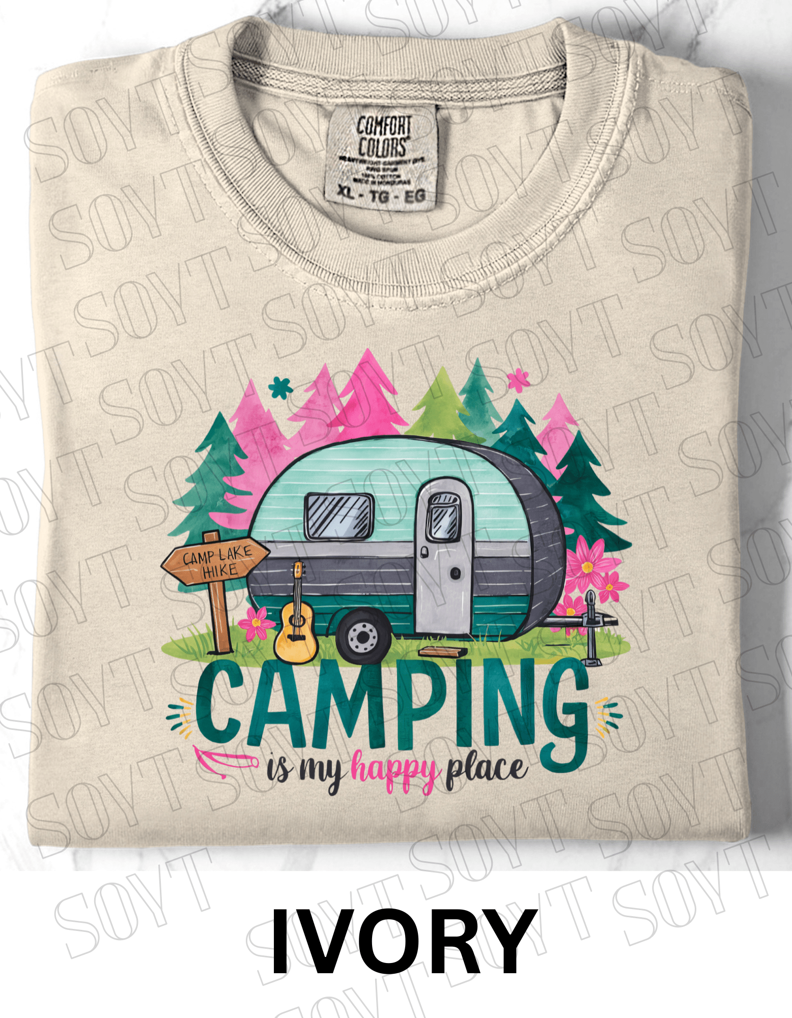Camping Is My Happy Place T-Shirt – Vintage Camper & Guitar Forest Graphic Tee - Festive Apparel StoreIvory