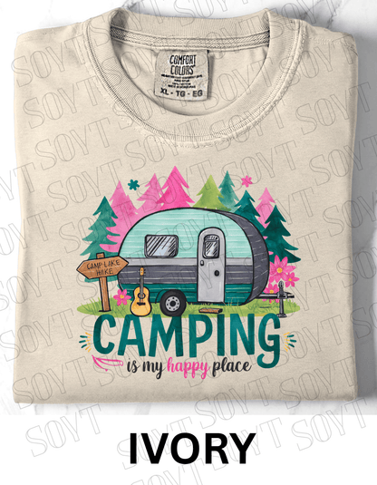 Camping Is My Happy Place T-Shirt – Vintage Camper & Guitar Forest Graphic Tee - Festive Apparel StoreIvory