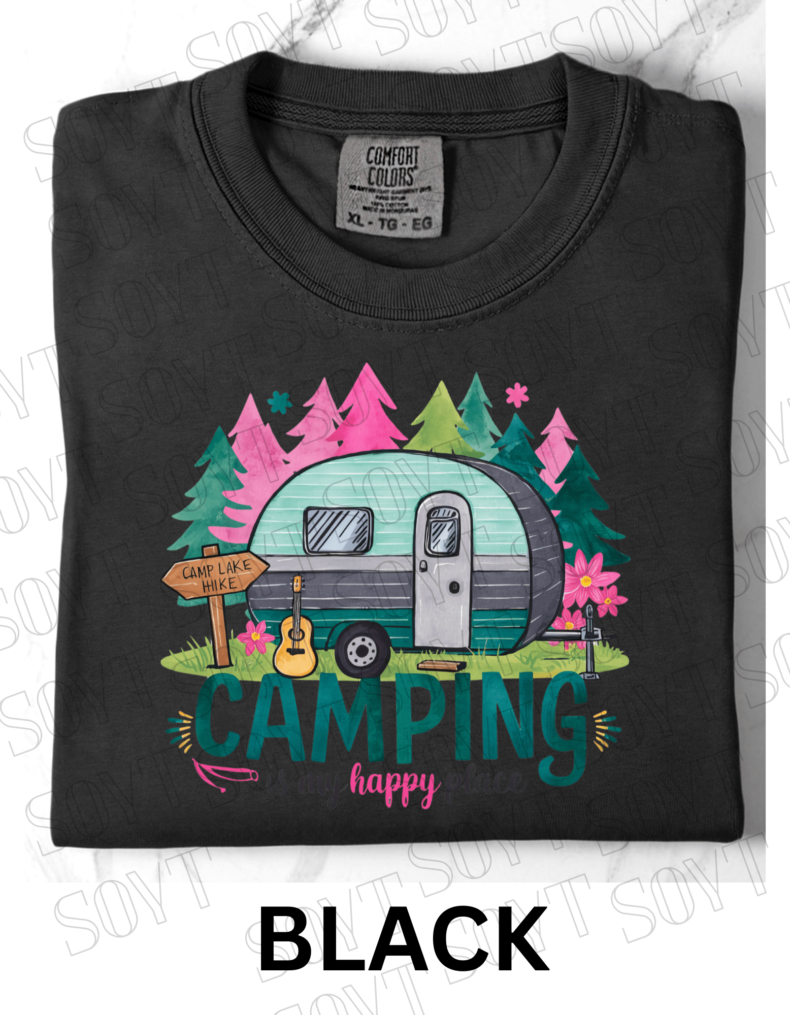 Camping Is My Happy Place T-Shirt – Vintage Camper & Guitar Forest Graphic Tee - Festive Apparel StoreBlack