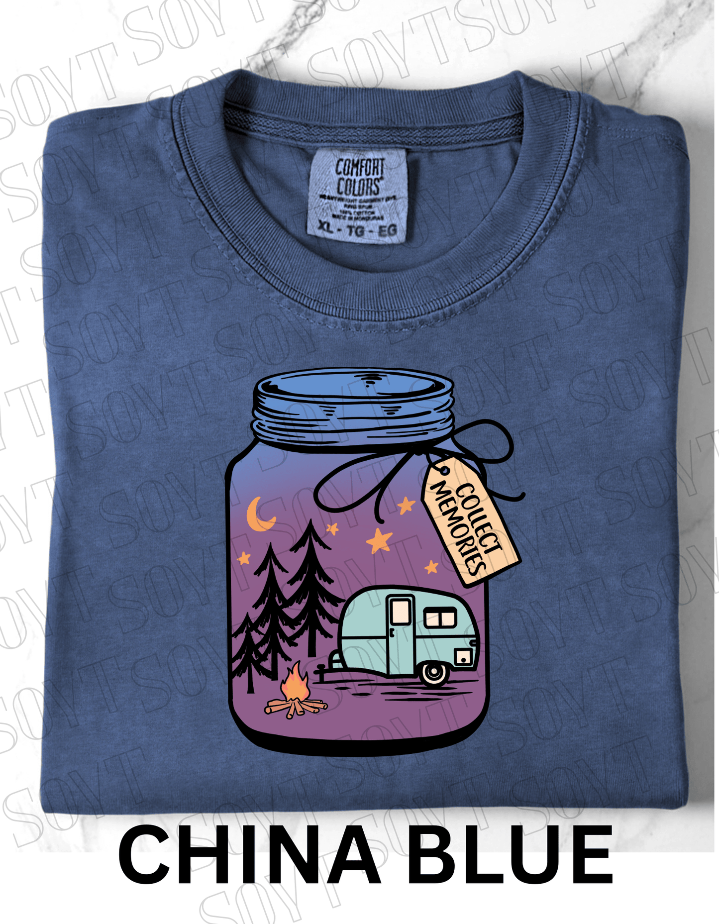 Collect Memories T-Shirt – Night Camping Jar Scene Graphic Tee - Festive Apparel StoreChina Blue
