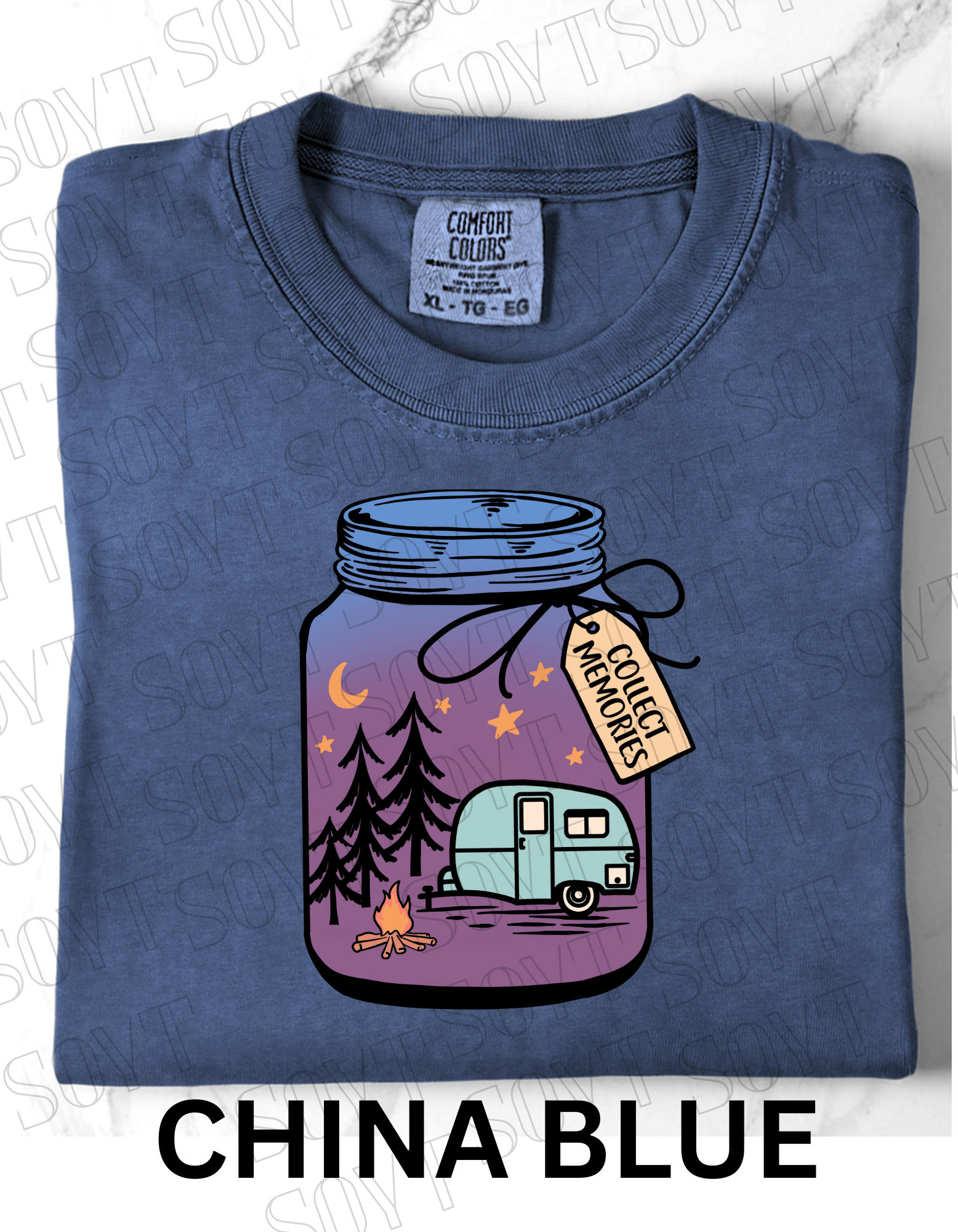Collect Memories T-Shirt – Night Camping Jar Scene Graphic Tee - Festive Apparel StoreChina Blue