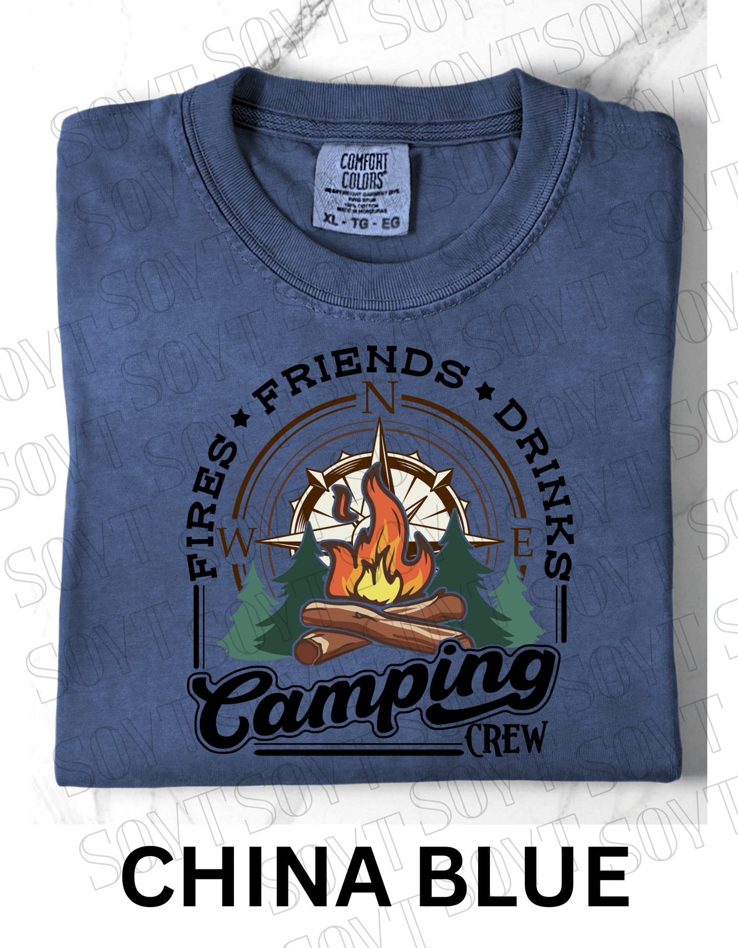 Comfort Colors® "Camping Crew" T-Shirt – Campfire Graphic Tee - Festive Apparel StoreChina Blue