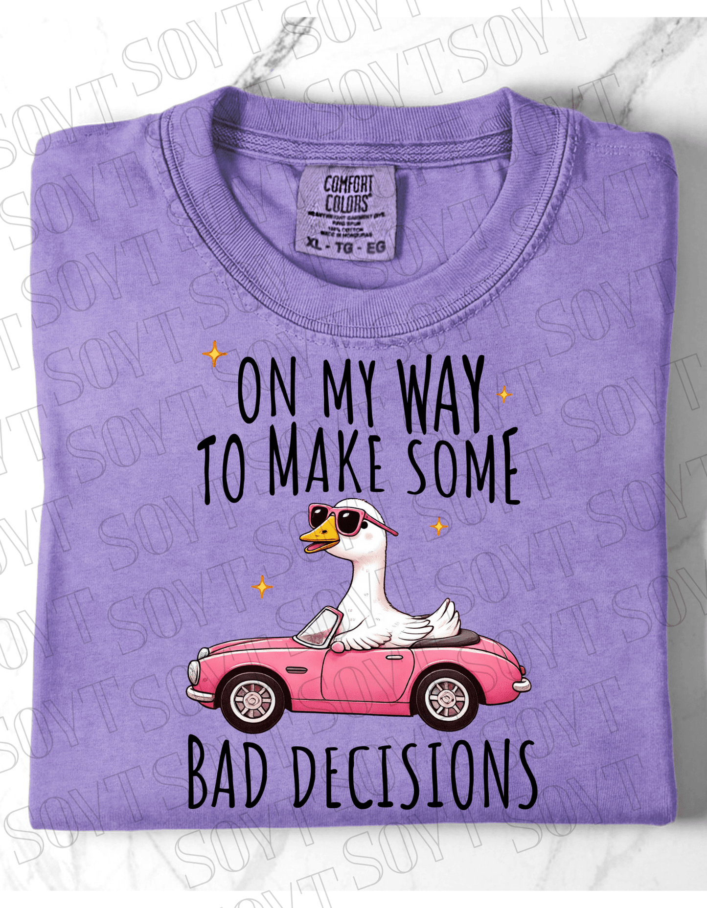 Comfort Colors "On My Way to Make Bad Decisions" Duck Tee – Retro Humor Graphic Shirt - Festive Apparel StoreViolet