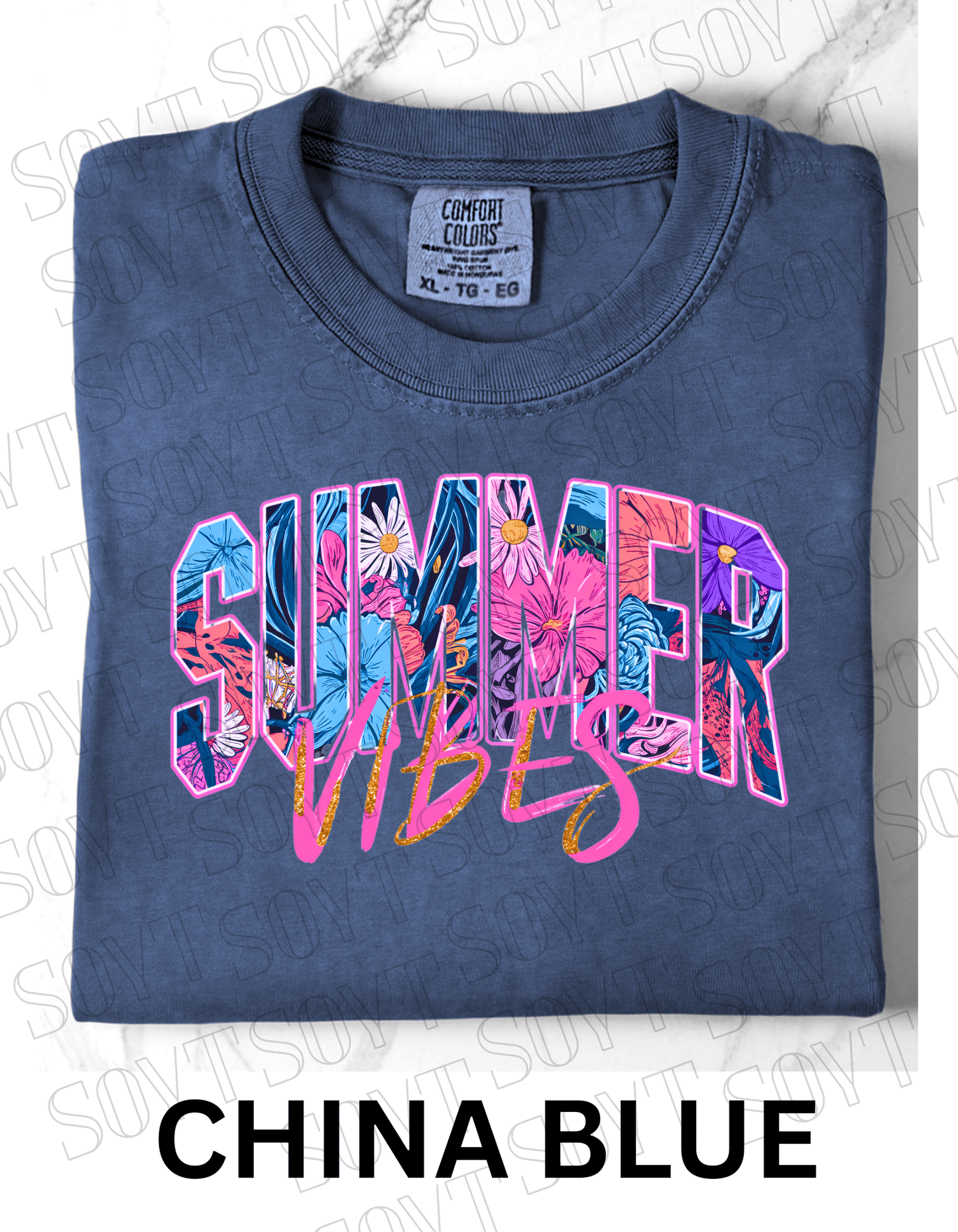 Comfort Colors® Summer Vibes T-Shirt – Retro Beach Graphic Tee - Festive Apparel StoreChina Blue