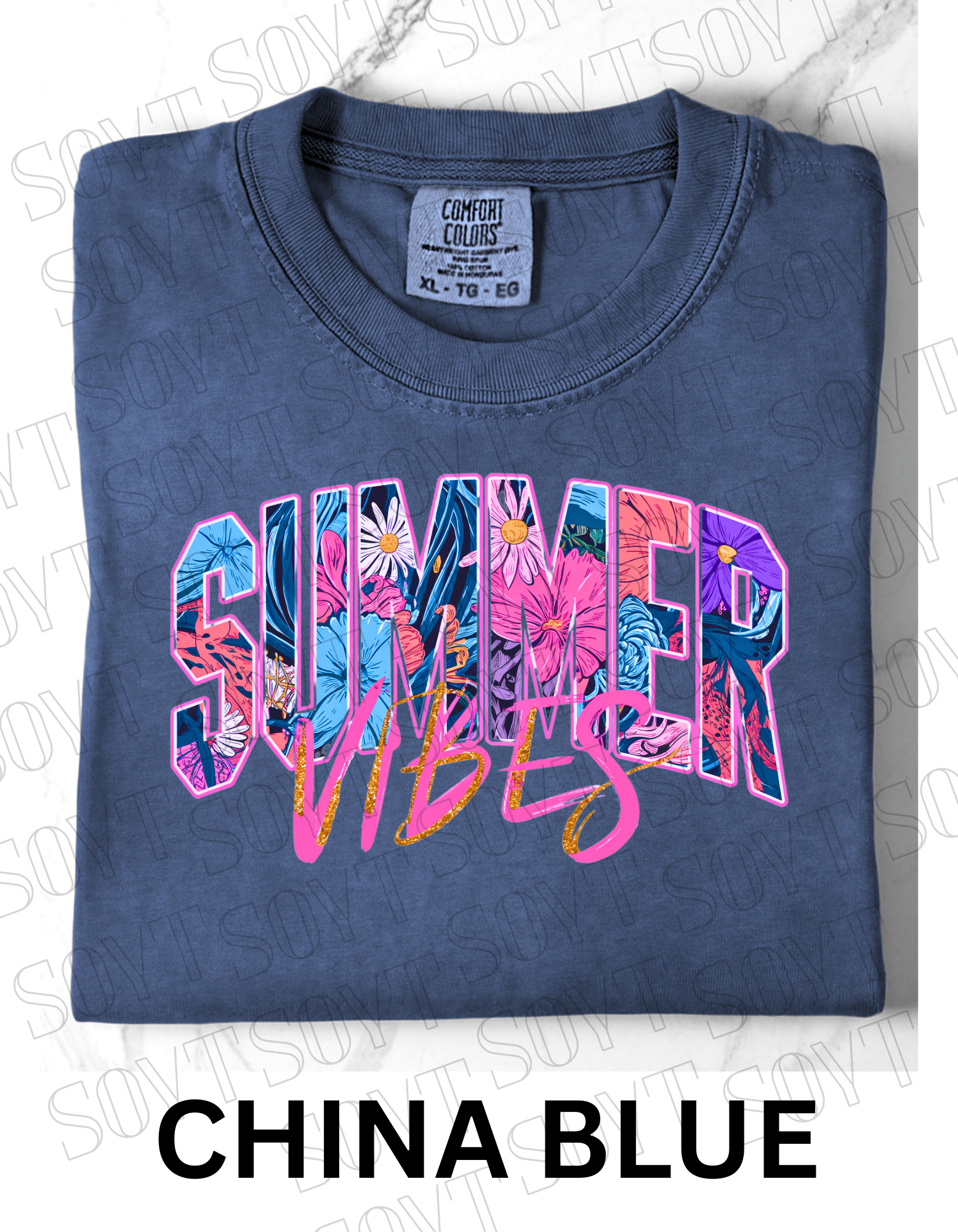 Comfort Colors® Summer Vibes T-Shirt – Retro Beach Graphic Tee - Festive Apparel StoreChina Blue