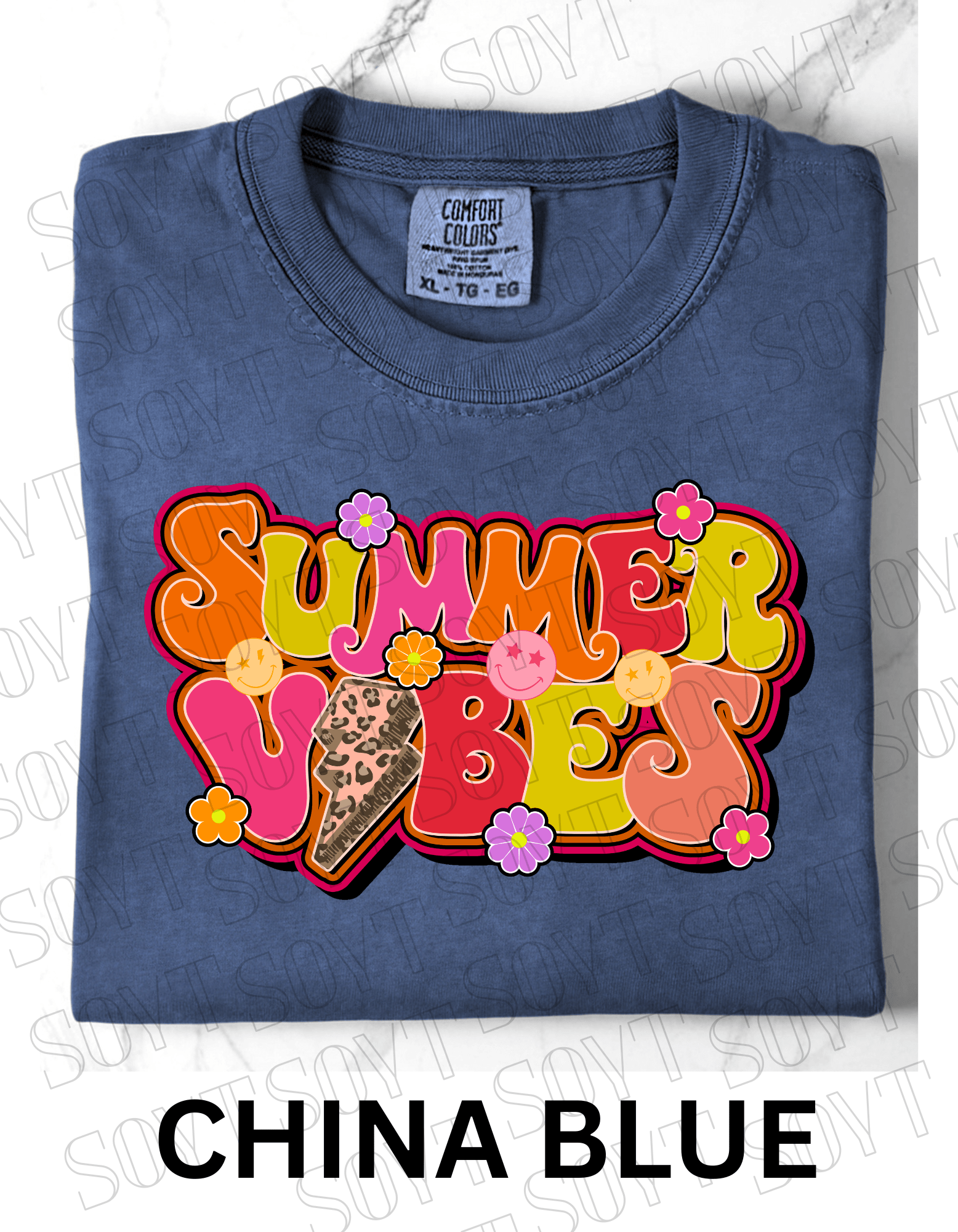 Comfort Colors® Summer Vibes T-Shirt – Retro Graphic Tee - Festive Apparel StoreChina Blue