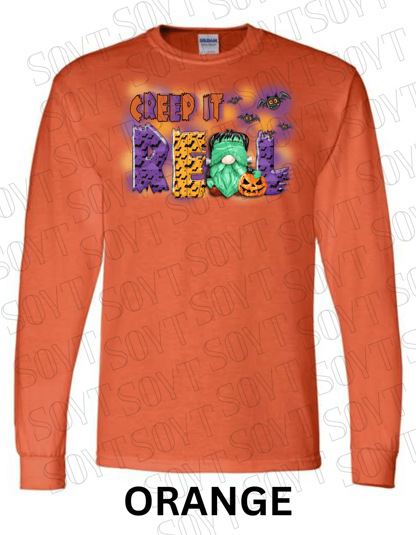 Creep It Real Halloween Long Sleeve – Funny Frankenstein Gnome & Pumpkin Bat Tee - Festive Apparel StoreOrange